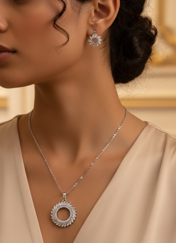 نیم‌ست استیل زنانه — ست گردنبند و گوشواره خورشیدی فول نگین، شیک و براق