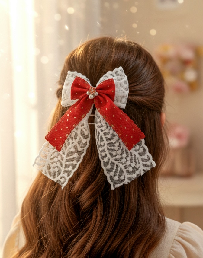 گیره مو یلدایی — پاپیون قرمز با مروارید، قفل فرانسوی، اکسسوری شب یلدا