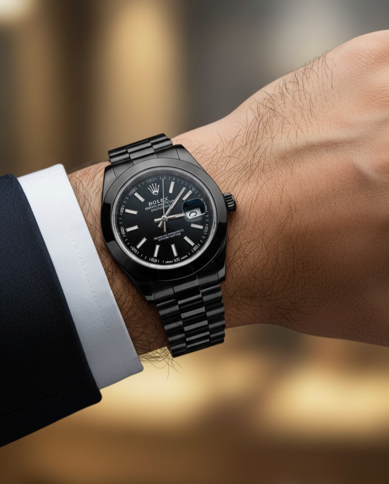 ساعت مردانه استیل — طرح الهام‌گرفته از Rolex، بند و بزل مشکی براق، نمایش تاریخ