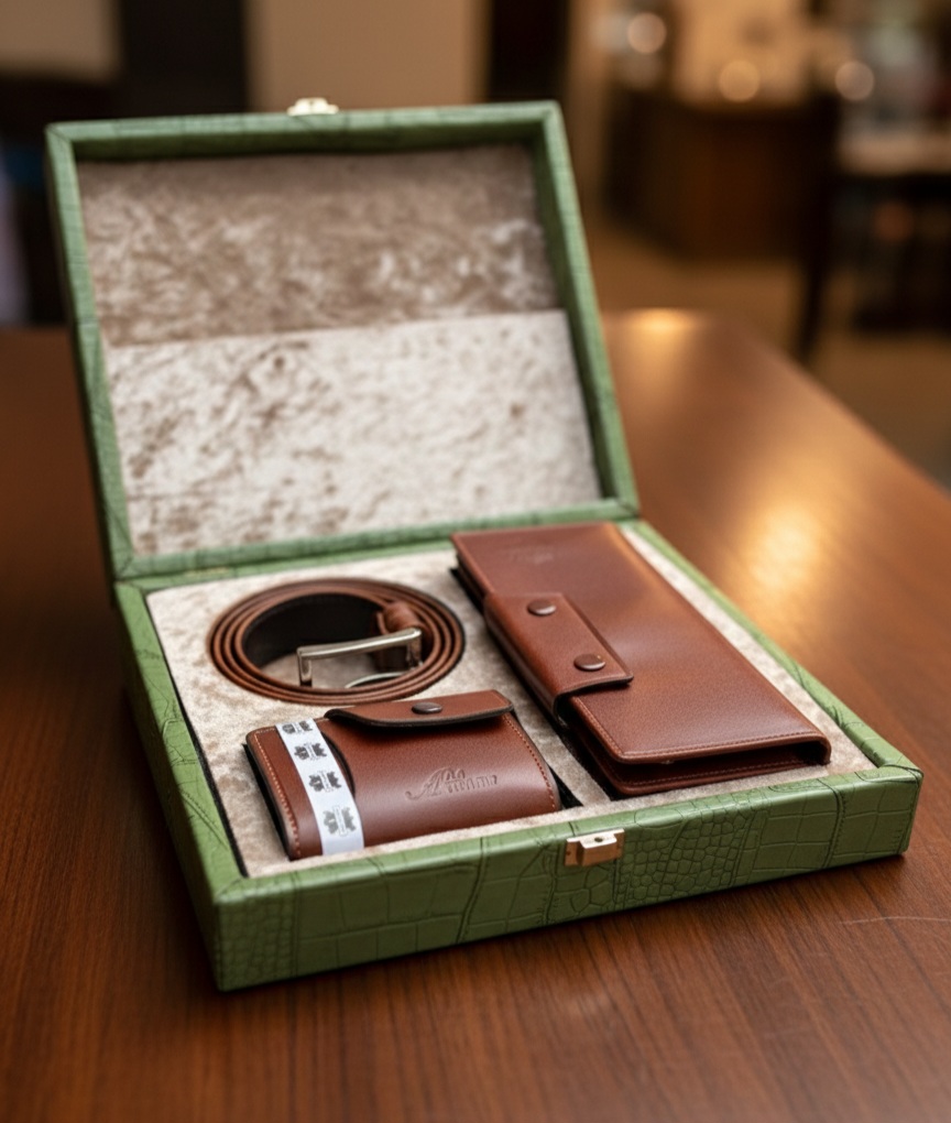 ست کیف پول و کمربند و جاکارتی چرم طبیعی بز با جعبه قفل‌دار هدیه