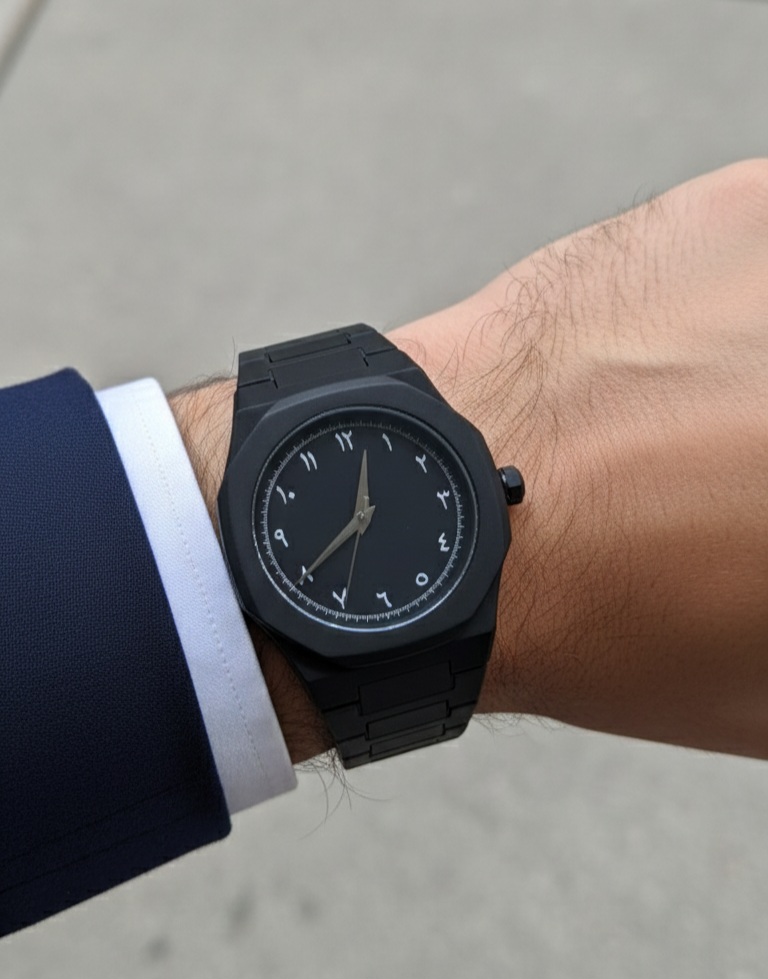 ساعت کربنی مشکی مردانه با قفل پروانه‌ای و اعداد فارسی