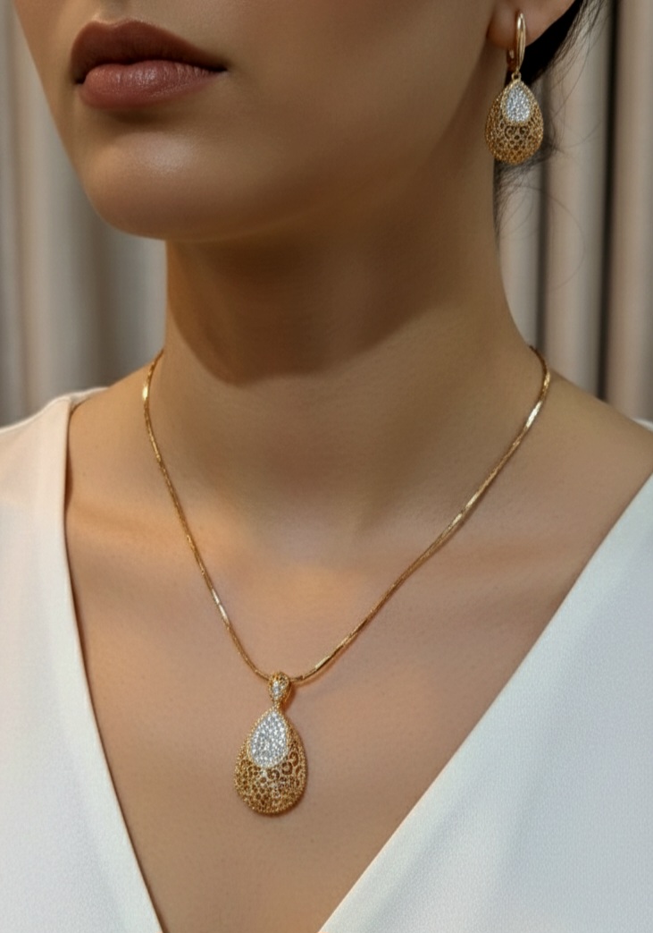 نیم‌ست فول نگین ژوپینگ طرح اشک با بافت توری