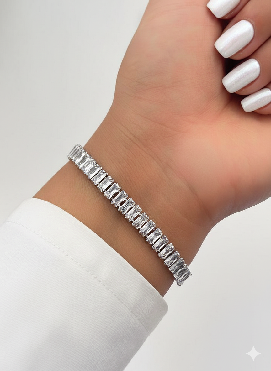 دستبند تنیسی استیل زنانه نگین اتمی شفاف | ظریف و درخشان