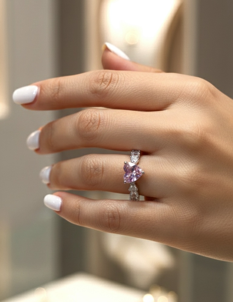 انگشتر نگین قلبی بنفش فری‌سایز | ظریف، درخشان و الهام‌گرفته از جواهرات لوکس