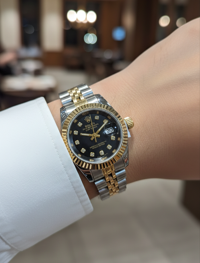 ساعت رولکس زنانه دو رنگ نقره‌ای طلایی با صفحه مشکی و نمایش تاریخ