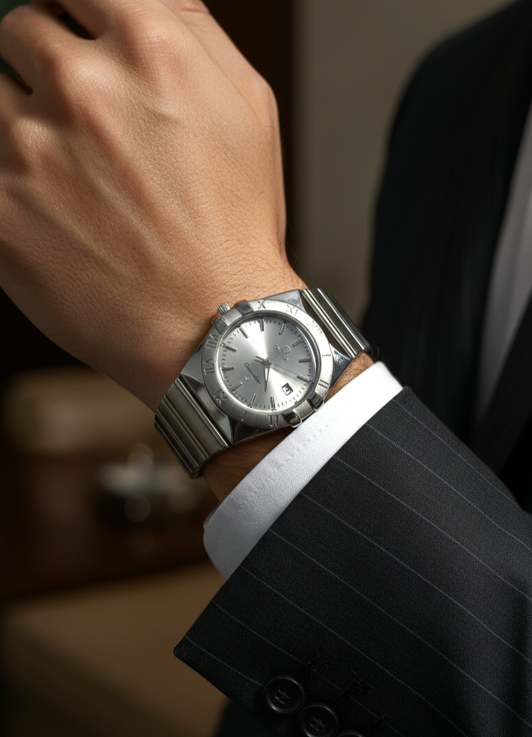 ساعت مچی مردانه امگا Constellation بند استیل صفحه طوسی نقره‌ای