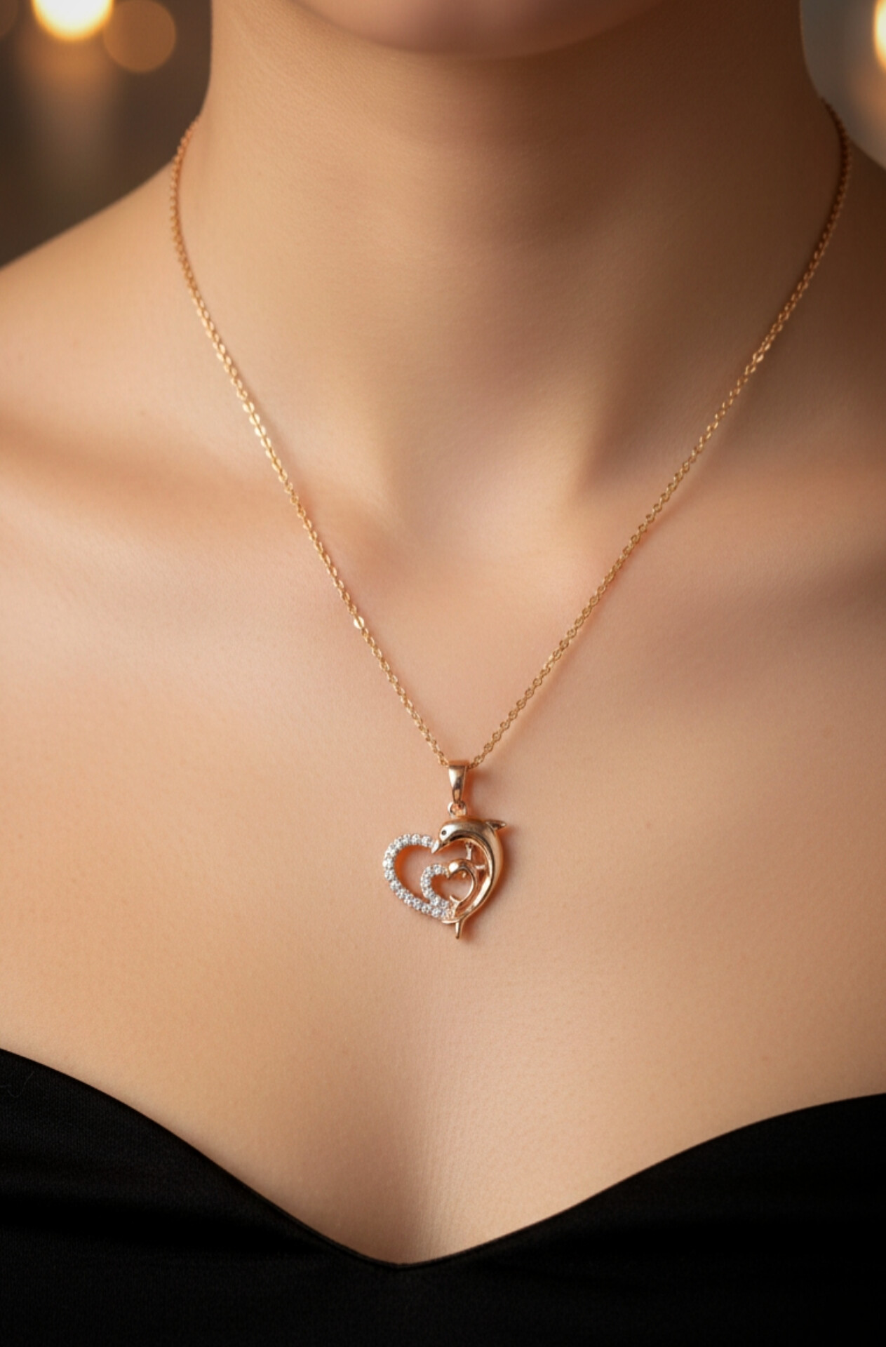 گردنبند ژوپینگ طرح قلب دلفینی با زنجیر طلایی براق