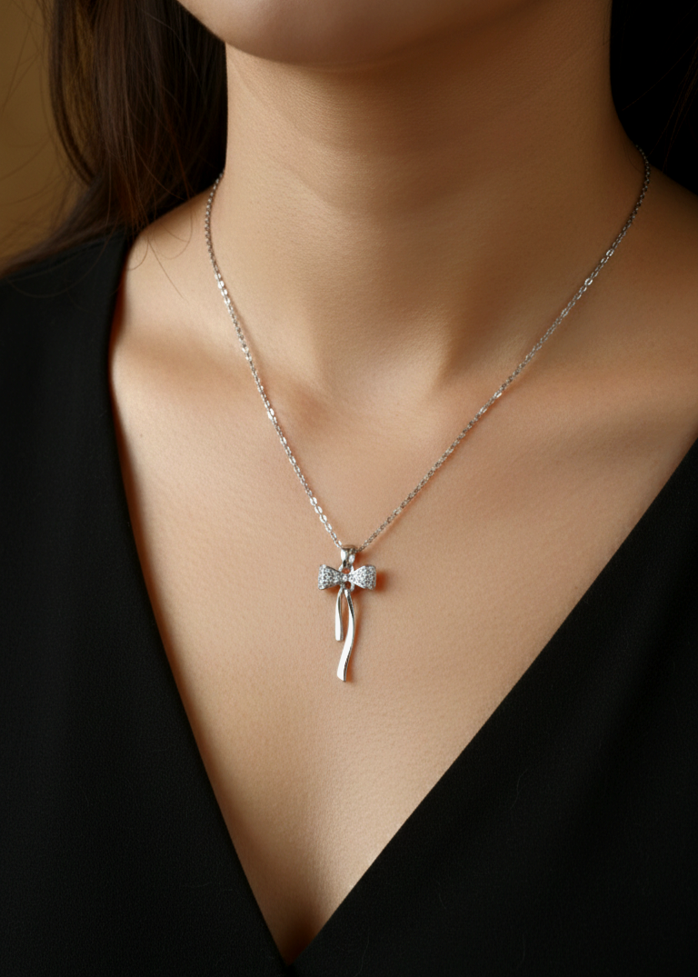 گردنبند زنانه پاپیون نگین‌دار با زنجیر استیل