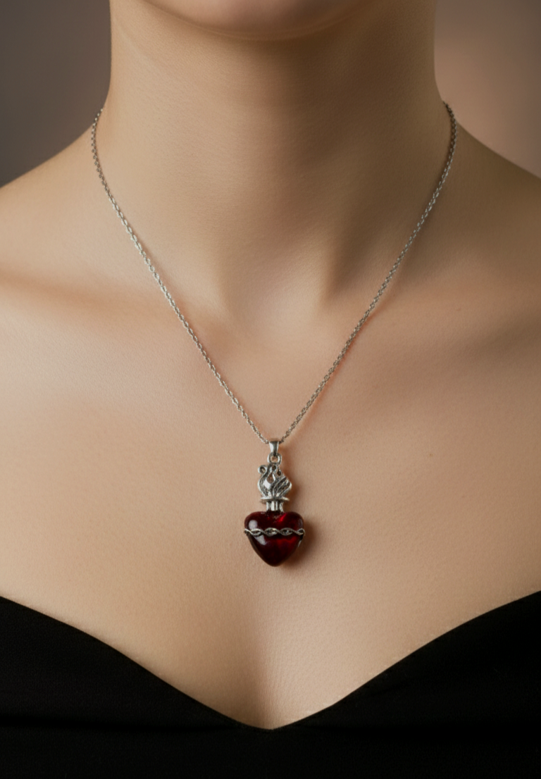 گردنبند قلب قرمز با زنجیر استیل