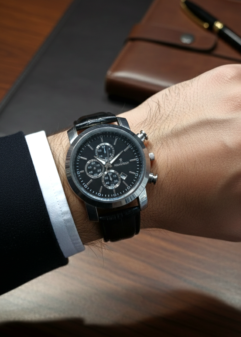 ساعت مردانه با بند چرم مصنوعی مشکی و صفحه گرد دارای تاریخ