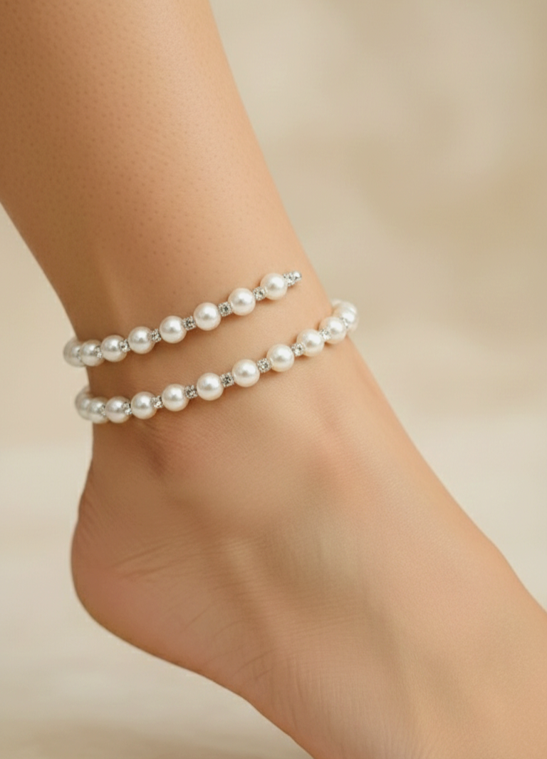 دستبند پابند فنری مرواریدی نگین‌دار دو دور منعطف