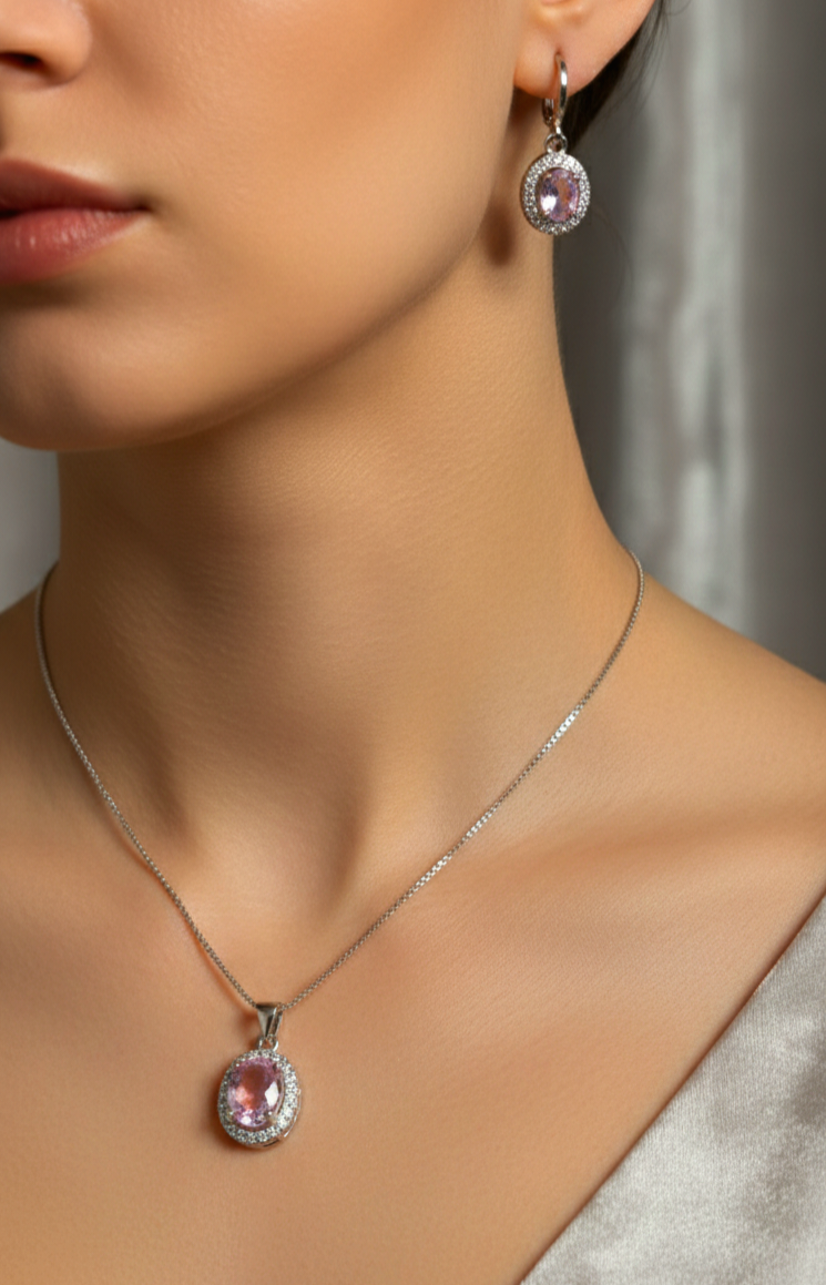 نیم ست استیل نگین صورتی با پلاک بیضی و گوشواره کلیپسی