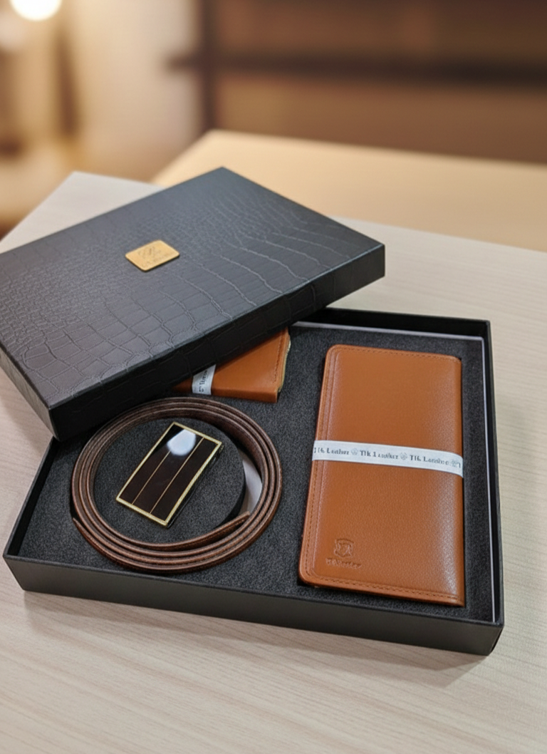 ست کیف پول و کمربند چرم طبیعی بز ۳ تکه عسلی با هاردباکس